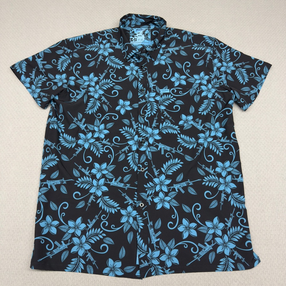 Retro Rifle Shirt Mens 2XL Black Blue Hula Tropical Floral Hawaiian Beach Casual